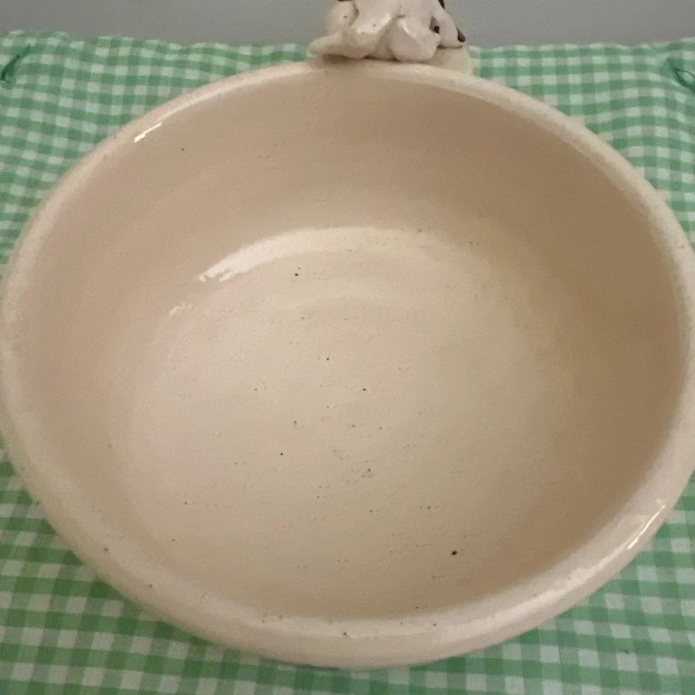 Sm Dog‎ Food Water Bowl White Dog Brown Spots Glazed Studio Pottery Signed 5